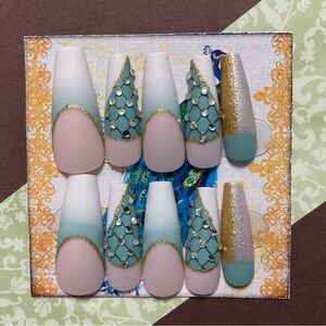 Size Large Elegant Teal & Gold Press-On Nails ~Imagine Harmony Collection~ #116